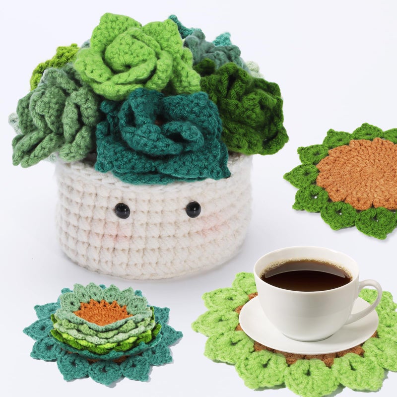 Hssugi Crochet Kit for Beginners - 6pcs Coasters in a Plant Pot Crochet Start Kit  Complete Beginner Crochet Kit with Crochet Hooks  Yarn  Clear Video Tutorials for Adult Beginners - Image 1
